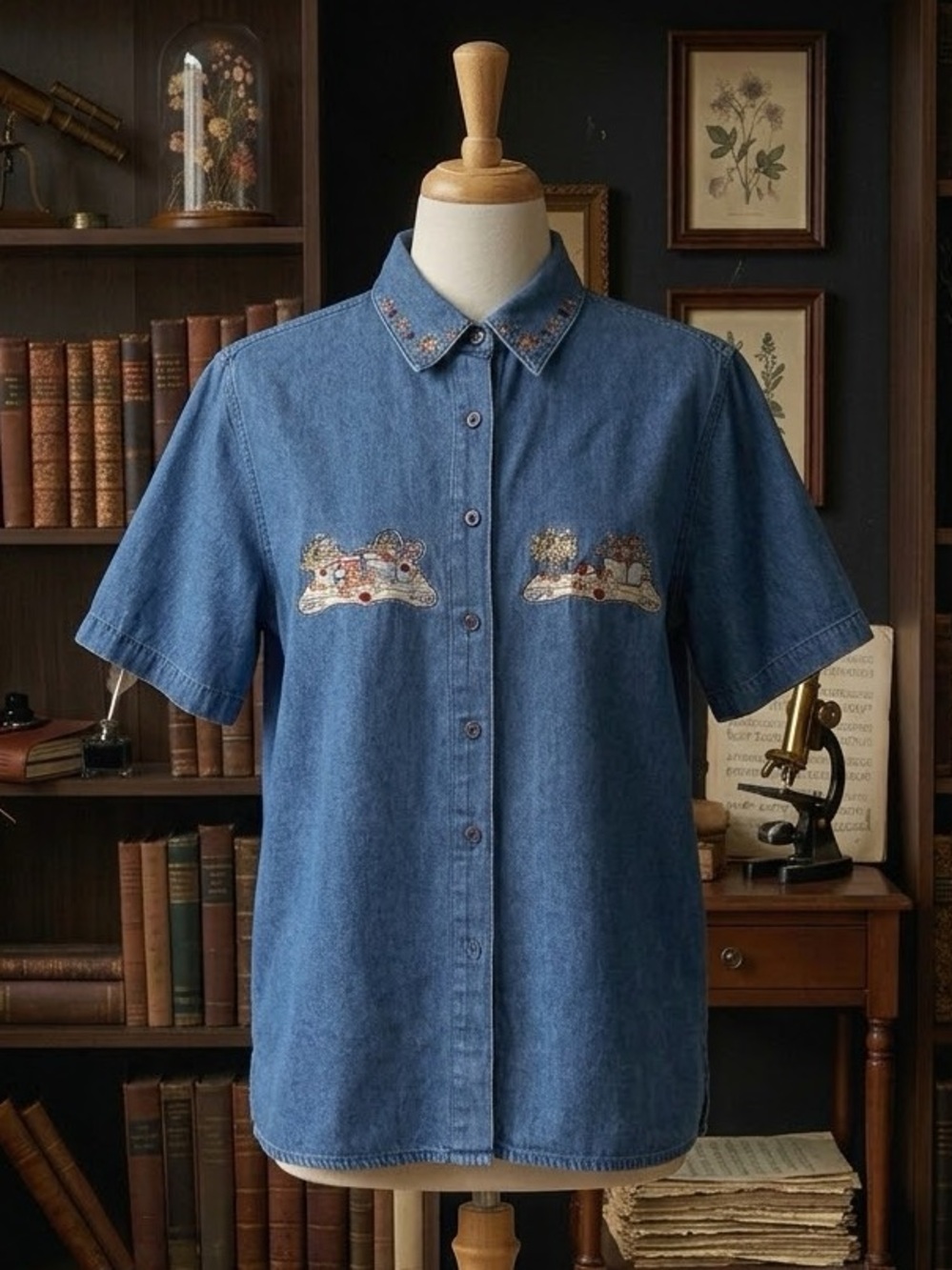 Vintage Tradition Country Collection Embroidered Denim Short Sleeve Button-Up